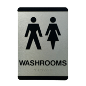 Washroom/Bathroom sign for your office. ADA approved, w/ Braille so your facility is Accessible, with symbols for Men, Women, Wheel Chair, Gender Neutral or Unisex