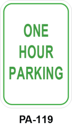 Toronto Stamp's stock "One Hour Parking" sign. Options for wall or post mounting. Hardware not included. Ships fast.