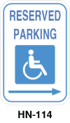 Toronto Stamp's stock "Reserved Parking" accessible sign. With symbol and arrow to the left. Hardware for post mounting not included. Buy now and receive it soon.