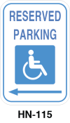 Toronto Stamp's stock "Reserved Parking" accessible sign. With symbol and arrow to the right. Hardware for post mounting not included. Buy now and receive ASAP.