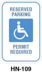 Toronto Stamp's stock "Reserved Parking - Permit Required" accessibility signs. Two centre slots or four corner holes. Hardware not included. Buy now and receive soon.