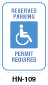 Toronto Stamp's stock "Reserved Parking - Permit Required" accessibility signs. Two centre slots or four corner holes. Hardware not included. Buy now and receive soon.