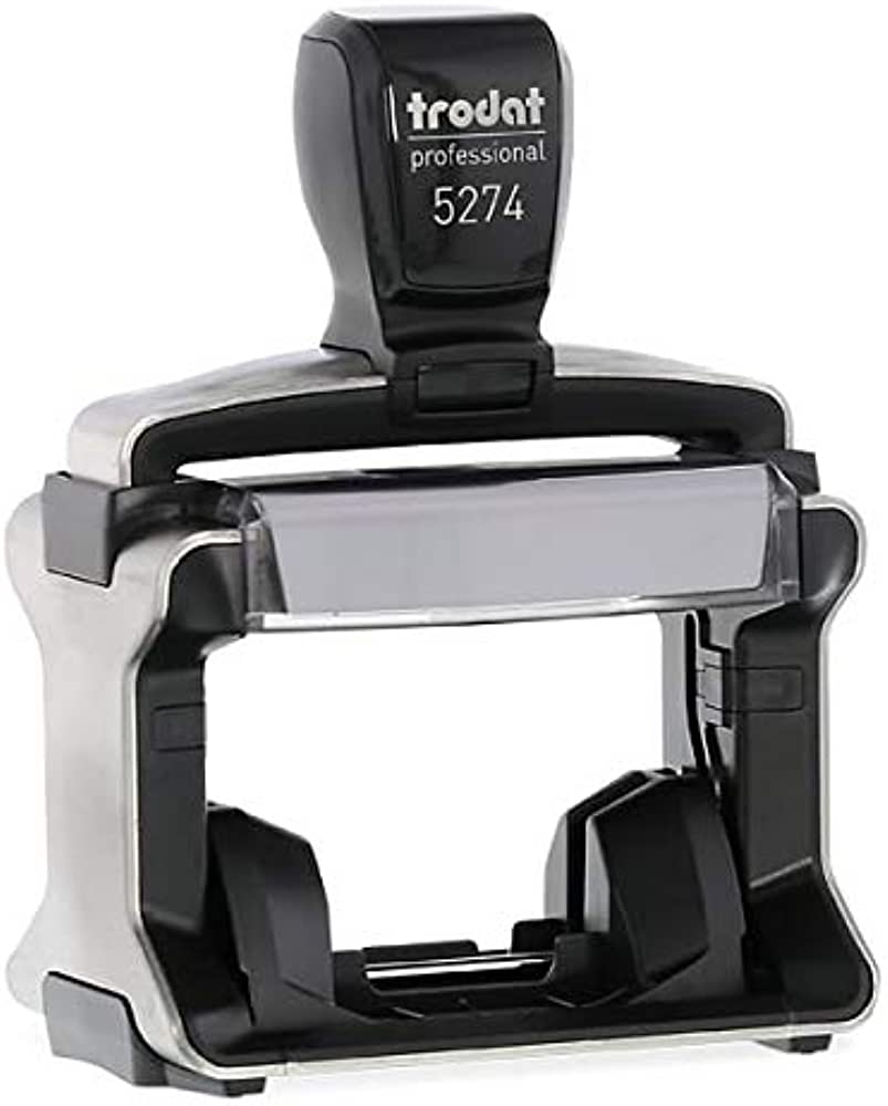 The HD-5274 professional self-inking stamp has the dimensions of 2-3/8" x 1-9/16" and can fit up to 9 lines of copy.