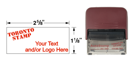 The AS-500 is one of our larger self-inking stamps. They use water-based ink, and are not suitable for impressions on glossy or non-porous surfaces.  Dimensions: 2-5/8" x 1-1/8".                
Up to 6 lines of custom copy.