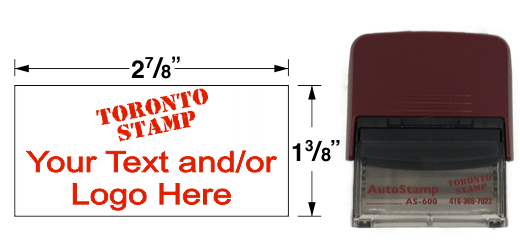 The dimensions for the AS-600 Self-Inking Rubber Stamp is as follows: 2-7/8" x 1-3/8". Up to 7 lines of custom copy. Your choice of 9 Pad Colours. Replacement Pad: PM60.